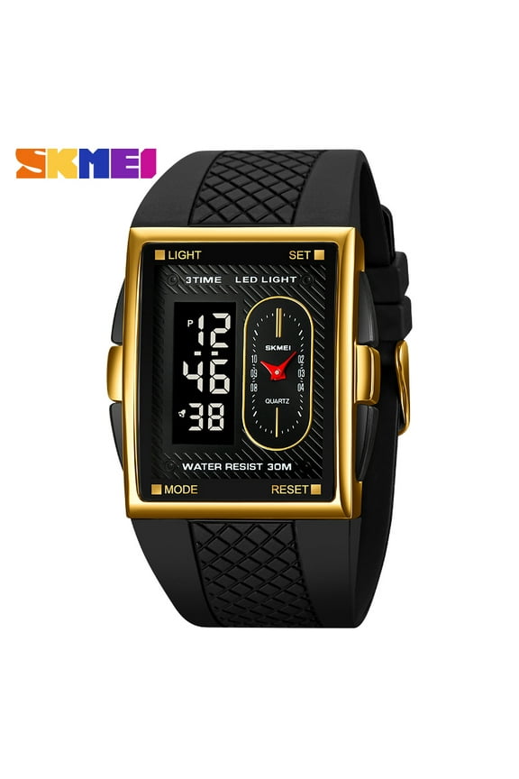 Unisex Digital Bracelet Watch Backlight Mens Women Square Alarm LED Black Rubber Watchband Sports Outdoor Waterproof Watch,Gold Black