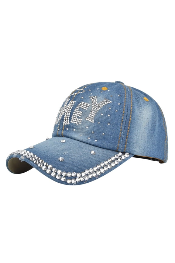 Unisex Distressed Denim Baseball Cap Rhinestone Studded Solid Hue Washed Canvas Visor Dad Hat Bling