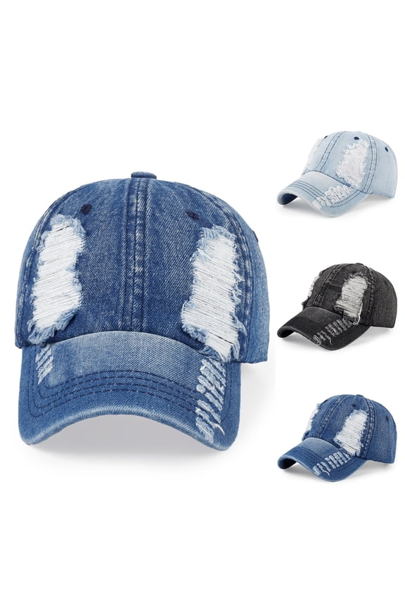 Unisex Distressed Denim Baseball Cap - Vintage Washed Ripped Dad Hat with Frayed Holes, Pre-Curved Brim & Adjustable Back Strap for Casual Streetwear, Outdoor Sports Black