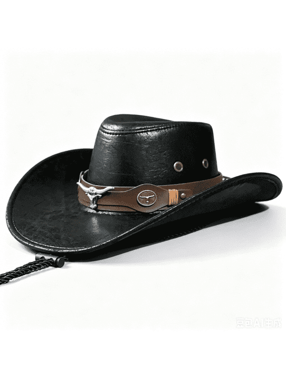 Unisex Distressed Faux Leather Cowboy Hat, Wide Curved Brim Western Ranch Hat with Longhorn Bull Head Leather Band & Adjustable Chin Strap