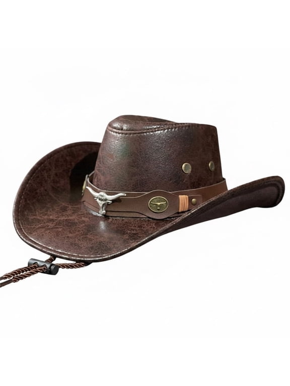Unisex Distressed Faux Leather Cowboy Hat, Wide Curved Brim Western Ranch Hat with Longhorn Bull Head Leather Band & Adjustable Chin Strap