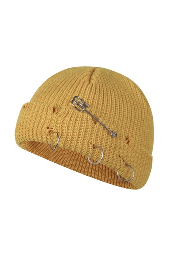 Unisex Distressed Ring Beanie Hat Hip Hop Slouchy Knitted Skull Cap Punk Ripped Rock Style Hats Earthy Yellow