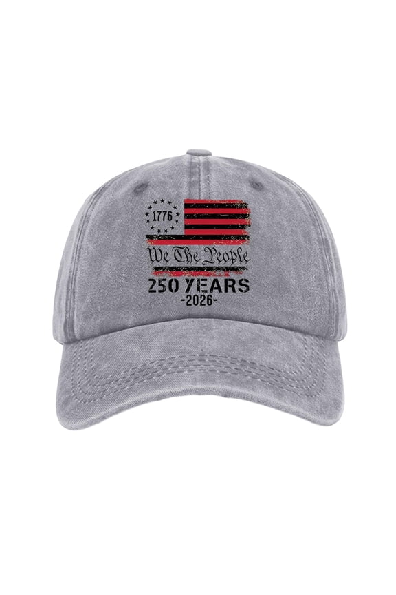 Unisex Distressed Washed Casual Baseball Cap with 250 Years Anniversary Flag and Letter Pattern - Breathable Cotton Hat for Patriotic Events and Daily Wear in Gray