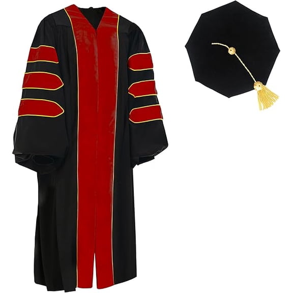 Unisex Doctoral Graduation Gown and and 8-Side Tam with Gold Piping