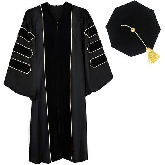 Unisex Doctoral Graduation Gown and and 8-Side Tam with Gold Piping