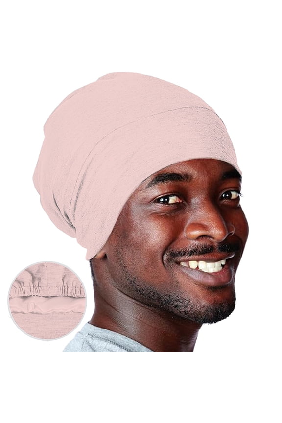 Unisex Double Layer Sleep Cap - Stretchy Beanie for Curly Hair Care, Soft Chemo Hat for Men & Women, Moisture Locking Night Headwrap for Sleeping & Daily Wear - Pink
