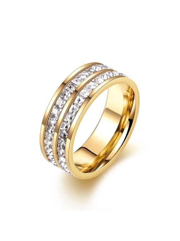 Unisex Double Row CZ Ring Sizes 6-12, Iced Out Wide Band Gold Rose Gold Plated Diamond Ring, Hip Hop Stackable Jewelry for Wedding Daily Wear