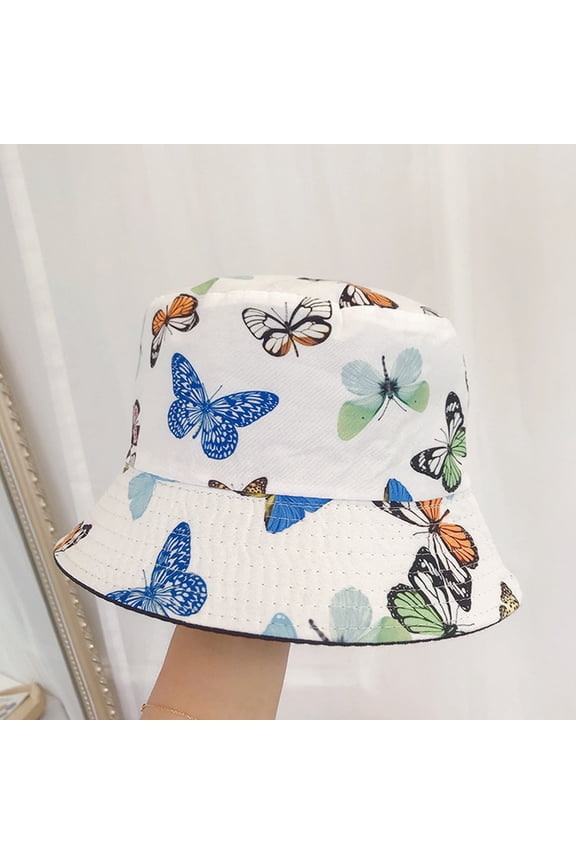 Unisex Double Sided Cotton Fisher Hat Bright Full Butterfly Print Lightweight Packable Wide Brim Sun Bucket Cap for Pool Parties Road Trips Sightseeing & Casual Summer Daily Wear White
