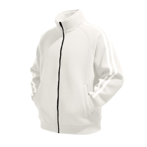 Unisex Double-Sided Fleece Jacket - Striped Design Solid Color Stand-Up Collar Zip-Up Sports Coat, Warm & Casual, Beige, XXXL