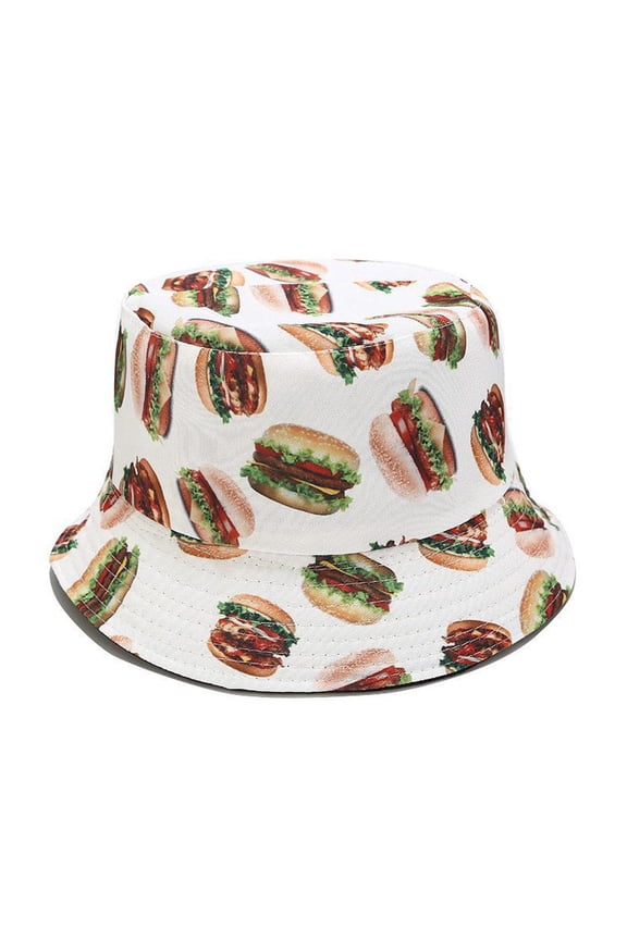 Unisex Double Sided Reversible Bucket Hat Cartoon Sushi Hamburger Food 3D Digital Print Wide Brim Packable Fisherman Cap