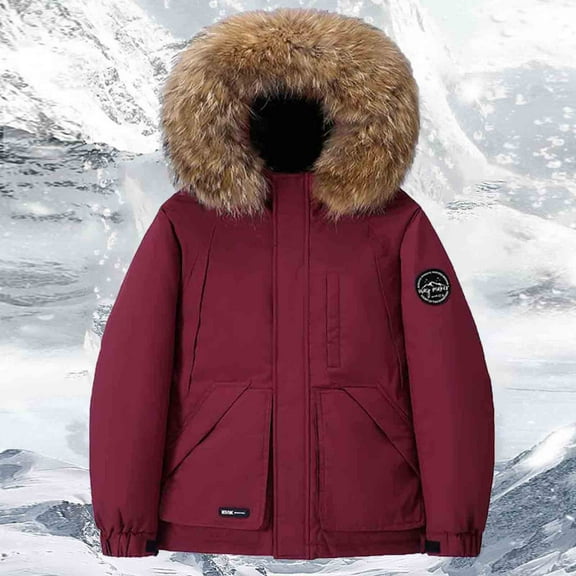 Unisex Down Jackets Faux Fur Collar Hooded Front Zip Winter Coat Thick Thermal Casual Loose Outwear With Pockets (M, Wine)