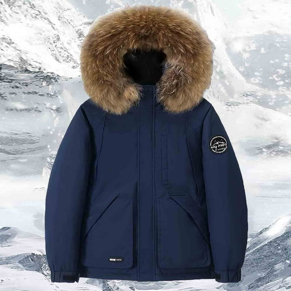 Unisex Down Jackets Faux Fur Collar Hooded Front Zip Winter Coat Thick Thermal Casual Loose Outwear With Pockets (S, Navy)