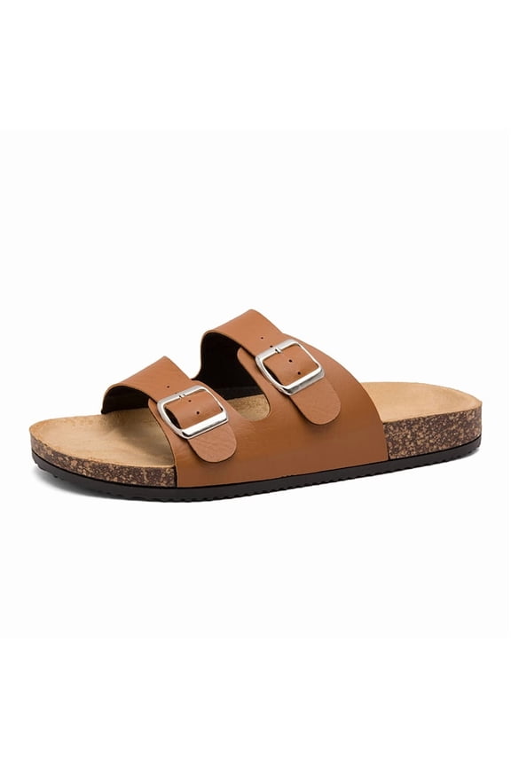 Men’s Footbed Sandals, Two Adjustable Buckle Straps, Cork-Look Contoured Footbed, Textured Outsole for Summer Wear