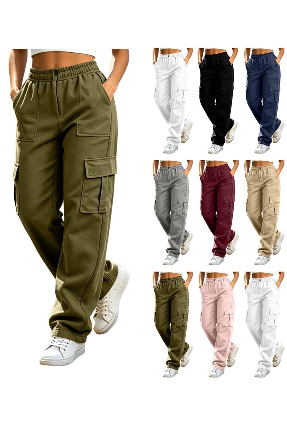 Unisex Elastic Waist Multi Cargo Pocket Straight Leg Cargo Pants Loose Slouchy Neutral Casual Trousers Multi Colors Versatile Couple Matching Bottoms for Autumn Winter