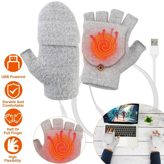 Unisex Electric Heated Wool Winter Gloves Heated Gloves Half Fingerless Work Mitten,Gray