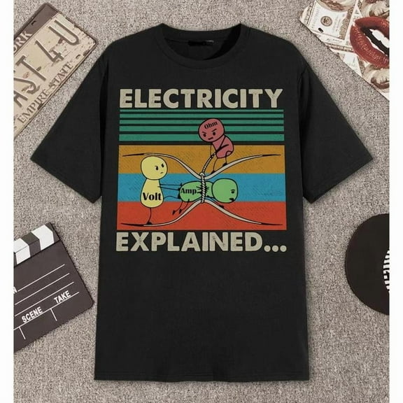 Unisex "Electricity Explained" Science Graphic Tees featuring Volt, Amp, Ohm Print T - shirts Comfortable Short Sleeve Tops Great For Daily Casual Wear
