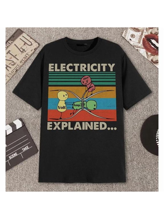 Unisex "Electricity Explained" Science Graphic Tees featuring Volt, Amp, Ohm Print T - shirts Comfortable Short Sleeve Tops Great For Daily Casual Wear