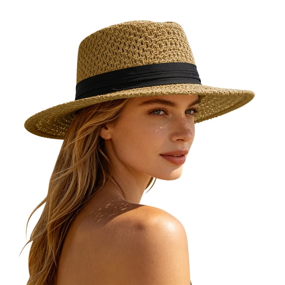 Unisex Elegant Hollow Out Straw Boater Structured Sun Bucket Hat For Outdoor Casual Travel Beach Summer Lightweight Breathable Wide Brim Protective Adjustable Strap Packable