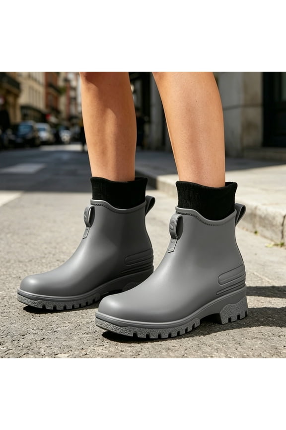 Unisex Embossed Pull Tab Ankle Rain Boots Side Molded Lines Chunky Tread Block Heel Non Slip Matte Waterproof Rubber Short Wellies for Daily Rainy Wear Gray 36
