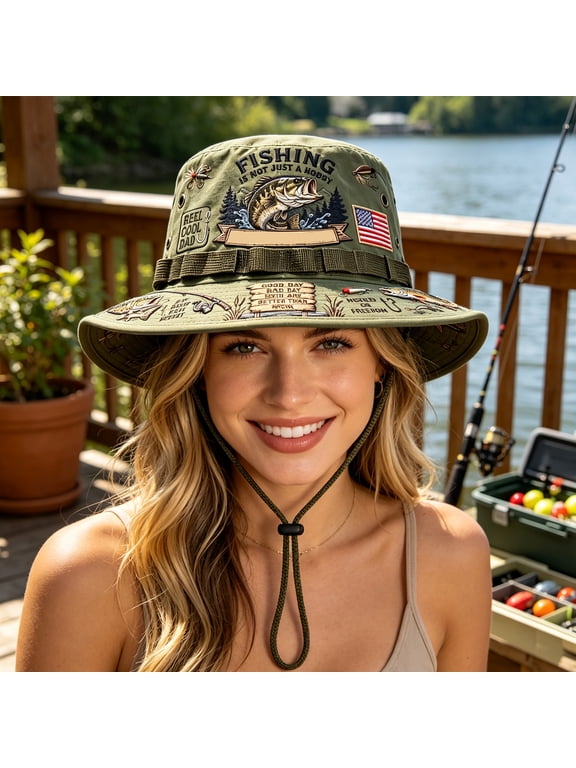 Unisex Embroidered Fishing Wide Brim Bucket Hat with Adjustable Chin Dstring Sun Protection