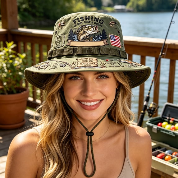 Unisex Embroidered Fishing Wide Brim Bucket Hat with Adjustable Chin Dstring Sun Protection