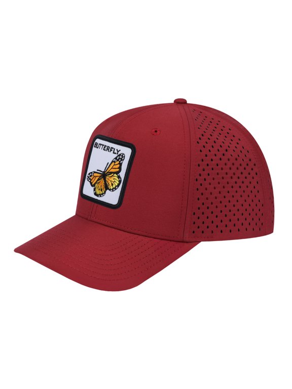 Unisex Embroidered The Butterfly, 6-Panel Microfiber Laser hole Trucker Hat, Dark Red/Dark Red, Adjustable Fit