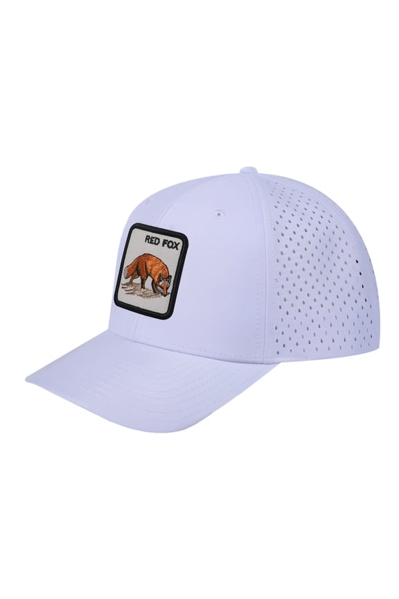 Unisex Embroidered The Red Fox, 6-Panel Microfiber Laser hole Trucker Hat, White/White, Adjustable Fit