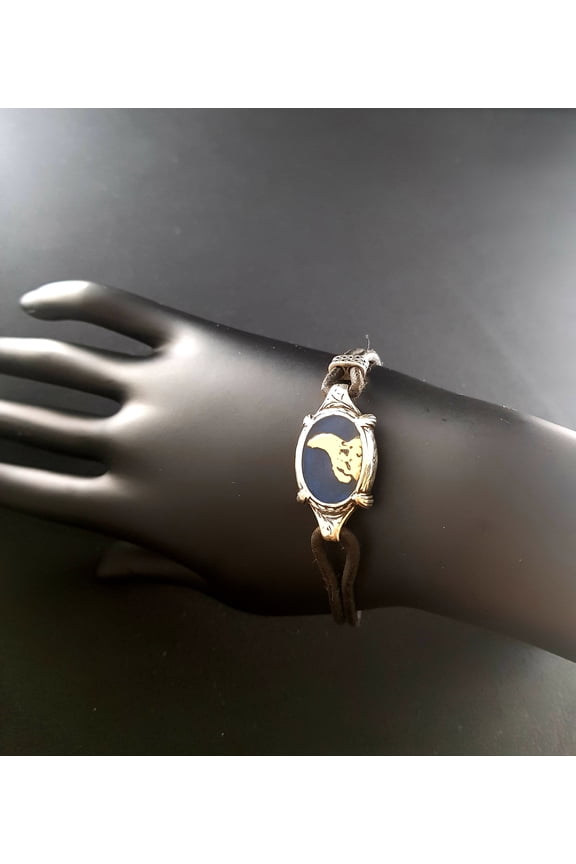 Unisex Enamel Wolf Wristlet Leather Wristband with Genuine 925 Sterling Silver