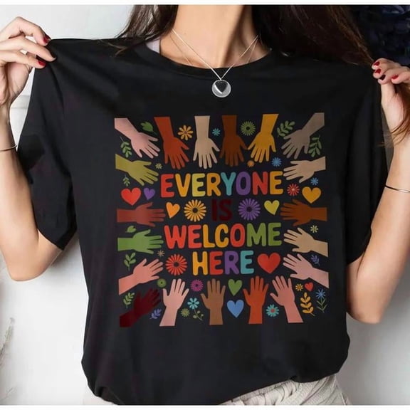 Unisex "Everyone Is Welcome Here" Inclusive Graphic Tees with Colorful Print T - shirts Casual Short Sleeve Tops Ideal For Diversity Advocates and Daily Wear