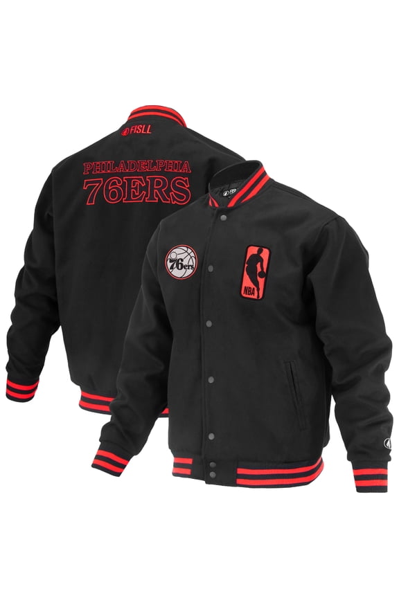 Unisex FISLL Black Philadelphia 76ers Logoman Shadow Collection Full-Snap Varsity Jacket