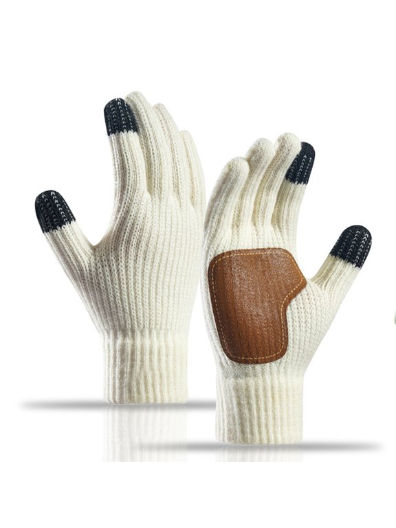 Unisex Fall and Winter Touch Screen Knit Gloves, Anti-Slip Palm Warm Thickened Knitted Gloves for Men and Women, Cold Weather Outdoor Cycling Running Walking Driving and Daily Use White
