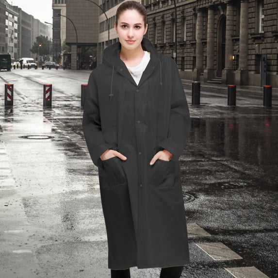 unisex fashion reusable button rain jacket coat hooded raincoat with pockets for adults teens