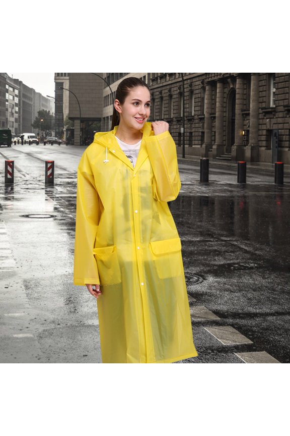 Unisex Fashion Reusable Button Rain Jacket Coat Hooded Raincoat With Pockets For Adults Teens