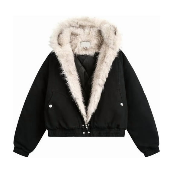 Unisex Faux-Fur Hooded Puffer Jacket Winter Thickened Warm Coat Heavyweight Insulated Outerwear Parka Casual Streetwear Zip-Up Cotton-Padded Jacket for Cold Weather