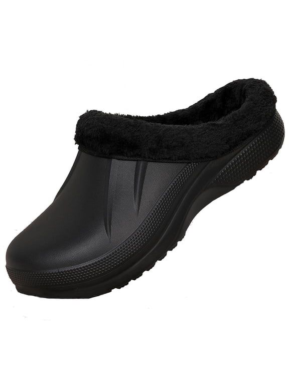Unisex Faux Fur Lining Clogs: Slip-On Waterproof EVA Garden House Clogs with Fleece-Lined - Winter Warm Anti-Slip Indoor Outdoor Walking Slippers for Mens Womens Black 280