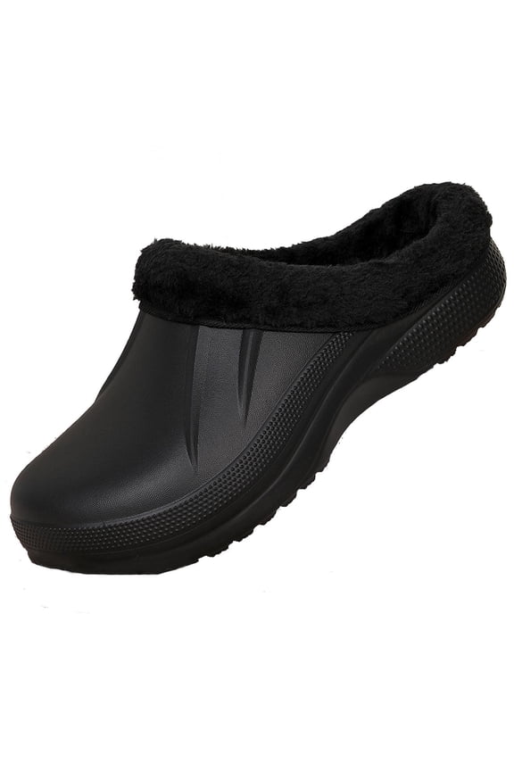 Unisex Faux Fur Lining Clogs: Slip-On Waterproof EVA Garden House Clogs with Fleece-Lined - Winter Warm Anti-Slip Indoor Outdoor Walking Slippers for Mens Womens Black 290