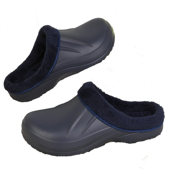 Unisex Faux Fur Lining Clogs: Slip-On Waterproof EVA Garden House Clogs with Fleece-Lined - Winter Warm Anti-Slip Indoor Outdoor Walking Slippers for Mens Womens Blue 300