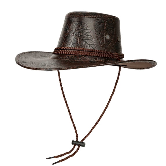 Unisex Faux Leather Cowboy Hat, Embossed Leaf Pattern, Wide Brim Western Hat