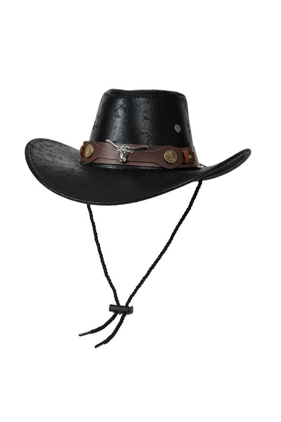 Unisex Faux Leather Cowboy Hat, Embossed Leaf Pattern, Wide Brim Western Hat