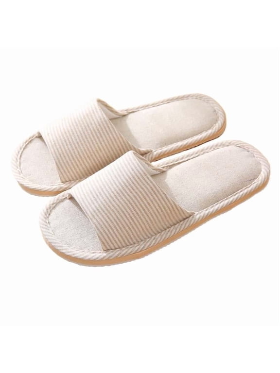 Unisex Fine-Stripe Linen House Slippers, EU Size 39-40, Fine-Striped Woven Upper, Flax Linen and EVA, Flexible Lightweight Sole, Beige