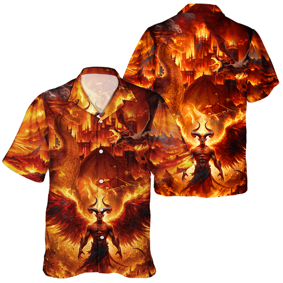 Unisex Fire Demon & Dragon -– 3D Fiery Castle Print Hawaiian Shirt For Men and Women Summer Button Down Short Sleeve