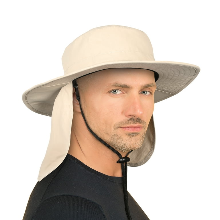 Unisex Fishing Hat with Foldable Neck Flap Cover Wide Brim Sun UV  Protection Hiking Safari Bucket Cap for Bug Free (Khaki) 