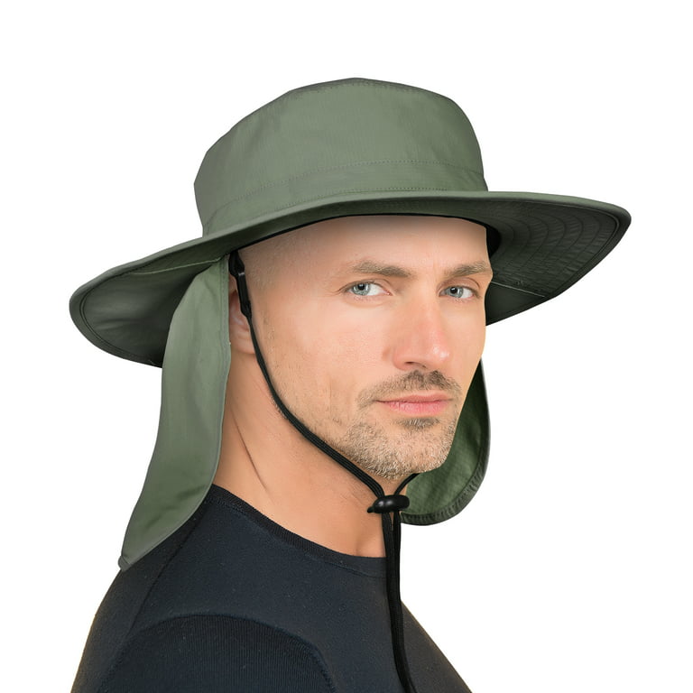 Unisex Fishing Hat with Foldable Neck Flap Cover Wide Brim Sun UV Protection  Hiking Safari Bucket Cap for Bug Free(Olive) 