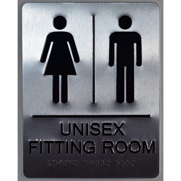 Unisex Fitting Room Sign with Tactile Text and Braille Sign -(Aluminium, Brush Silver,Size 6X9) The Sensation line(ref-2022-4)