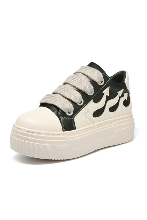 Unisex Flame Patchwork Round Toe Thick Sole Platform Chunky Heels Men Women Sneakers Lace Up Low Top Large Size Fashion Casual Shoes