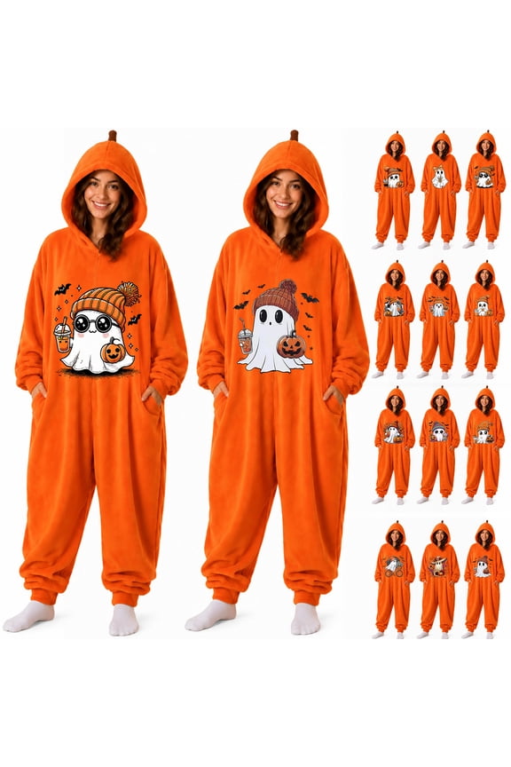 Unisex Flannel Halloween Ghost One Piece Jumpsuit Zip Hooded Couple Matching Holiday Loungewear Cosplay Ginger L