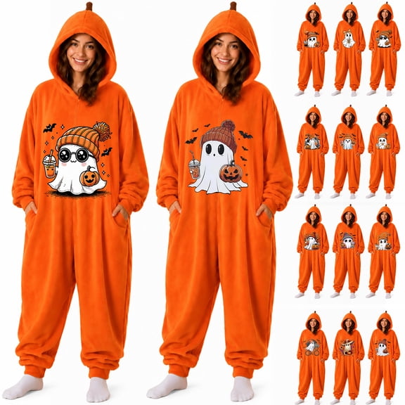 Unisex Flannel Halloween Ghost One Piece Jumpsuit Zip Hooded Couple Matching Holiday Loungewear Cosplay White L