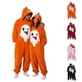 thumbnail image 1 of Unisex Flannel Onesie Costume Halloween Pumpkin Ghost Cosplay Pajamas Hooded Loungewear One Piece Sleepwear for Adults Cozy Soft Jumpsuit Bodysuit for Theme Party Festival Outfits, Black XXL, 1Pc, 1 of 5