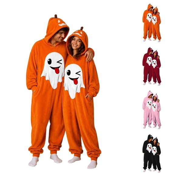 Unisex Flannel Onesie Costume Halloween Pumpkin Ghost Cosplay Pajamas Hooded Loungewear One Piece Sleepwear for Adults Cozy Soft Jumpsuit Bodysuit for Theme Party Festival Outfits, Black XXL, 1Pc
