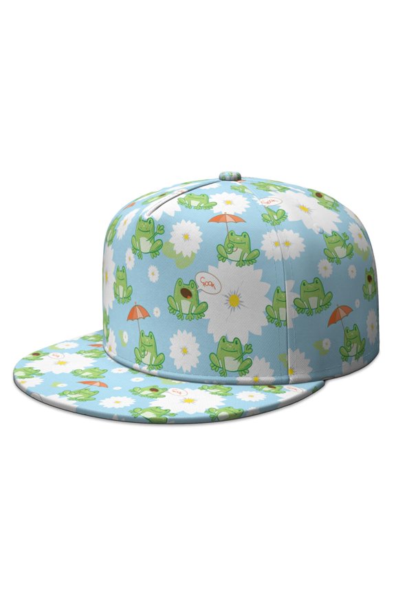 Unisex Flat Bill Cap - Cute Frog Forest Print Adjustable Streetwear Hip Hop Hat with Plant & Green Design